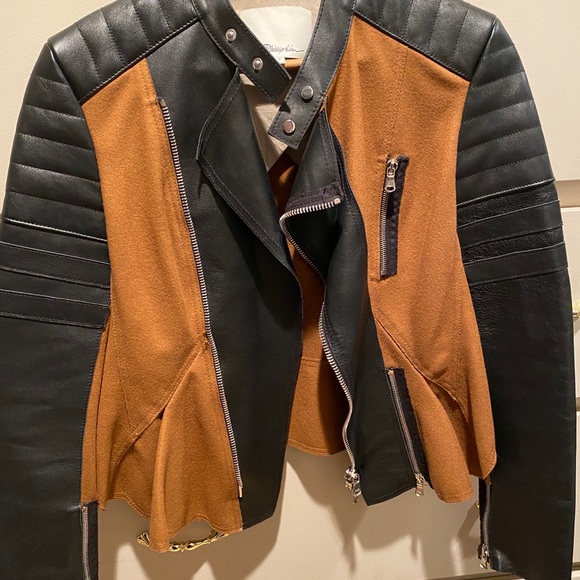 PHILLIP LIM BROWN WOOL & BLACK LEATHER MOTO JACKET - Picture 5 of 7
